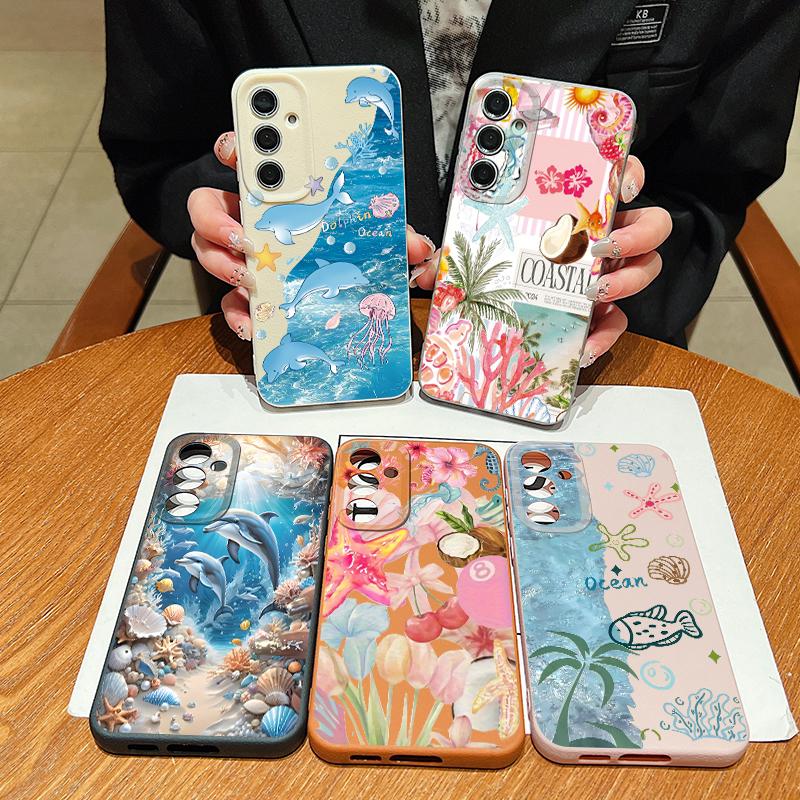 Starry Sea Dolphin Adventure Case For Samsung S26 S25 S24 Ultra S23 S22 S21 FE A15 A16 A17 A35 A36 A37 A54 A55 A56 A57 5G Leather Texture Cover