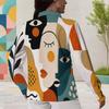 Women Plus Size Collared Long Sleeve Abstract Leaf Printed Button Front Shirt