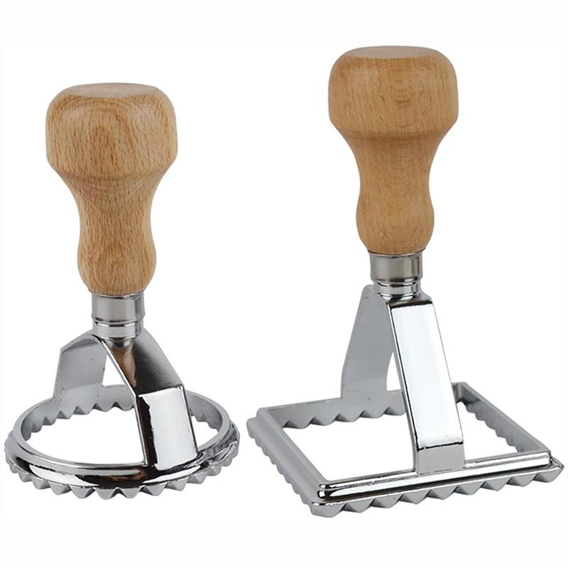 

Ravioli Maker Stamp Cutter with Roller Wheel Set, Pasta Maker Mold with Wooden Handle and Fluted Edge, Round & Square Shape