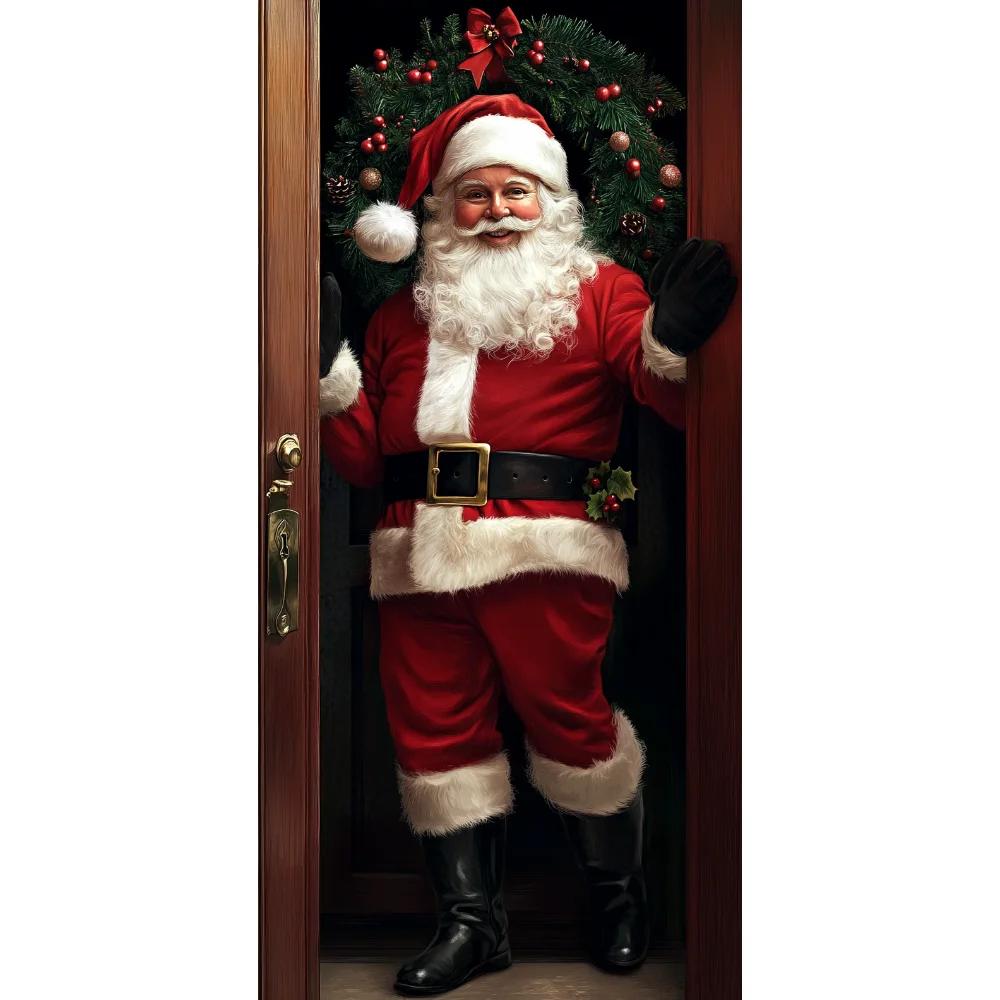 Vivid Santa Claus Send Gift Christmas Door Cover 35.43*72.83inch Banner Front Door Decoration 2025 Christmas Home Party Supplies
