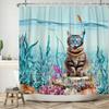 Funny Shower Curtains Cat Riding Shark Ocean Birds Sea Waves Cool Fun Bath Curtain Polyester Fabric Kids Bathroom Decor