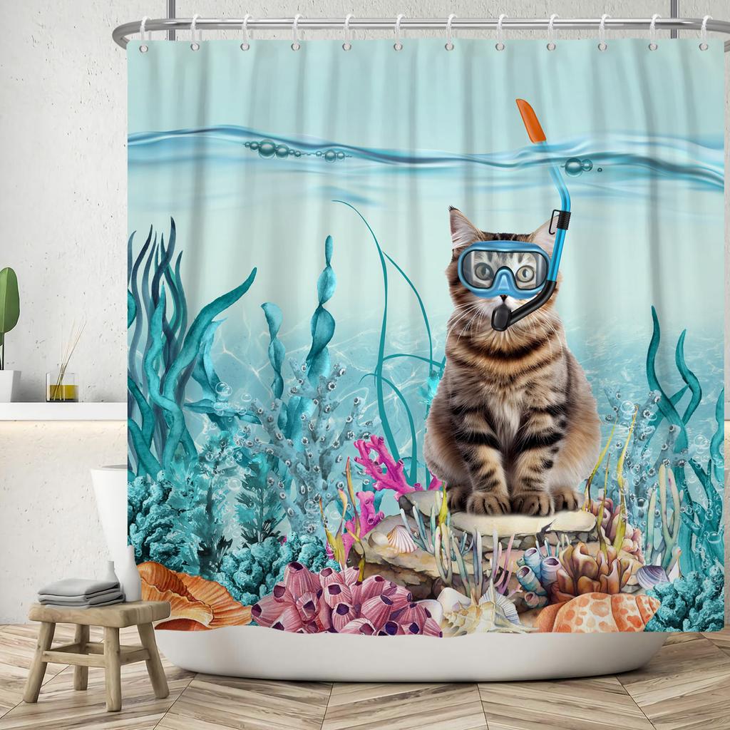 Funny Shower Curtains Cat Riding Shark Ocean Birds Sea Waves Cool Fun Bath Curtain Polyester Fabric Kids Bathroom Decor