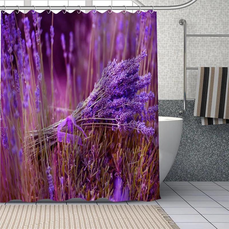 Beautiful Purple Lavender Flowers Shower Curtain Bathroom  Fabric Washable Polyester for Bathtub Art Home Decor with Hook