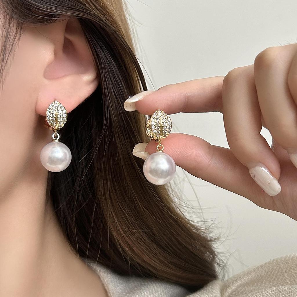 Elegant Pearl & Zirconia Leaf Drop Earrings - High-End Design Golden Studs for Women