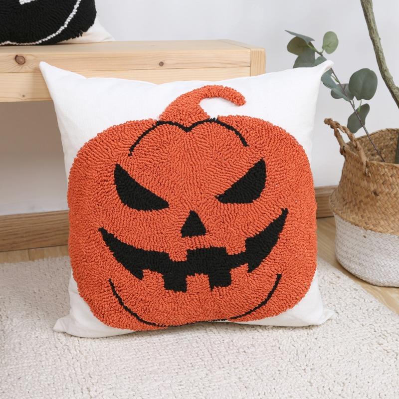 Spooky Halloween Pumpkin Embroidered Throw Pillow Covers Fluffy Looped Pumpkin Ghost Pattern Pillow Cover Pillowcase with Zipper