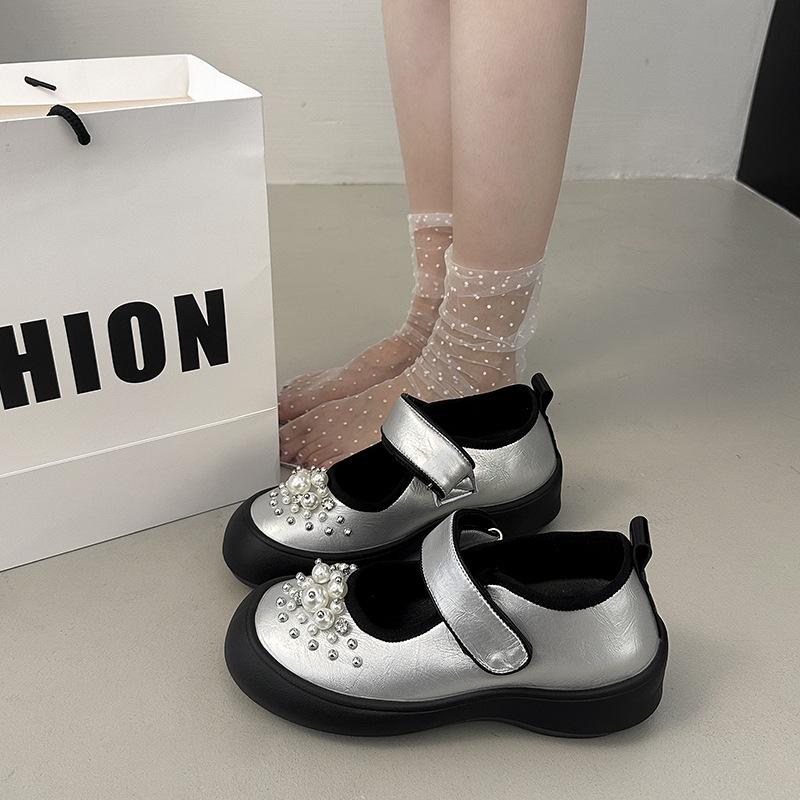 

Stylish, simple and versatile bow Mary Jane shoes, women s new summer thick-soled heightening small single shoes 35 серебряный