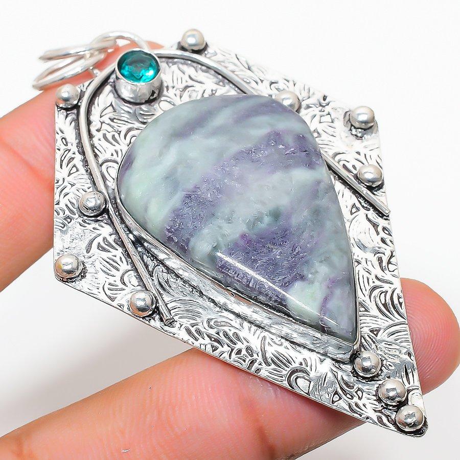 

Подвеска из стерлингового серебра 925 пробы с натуральным каммереритом и голубым топазом 3,03 дюйма s0y46