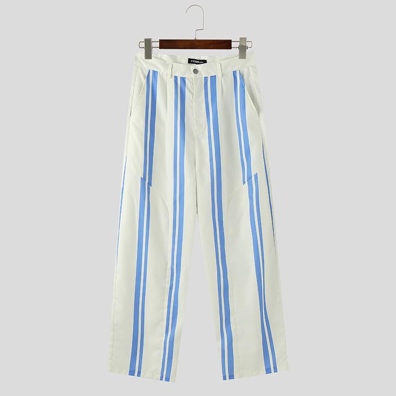 INCERUN Men Zipper Waist Striped Print Casual Loose Long Wide Legs Pants Trousers
