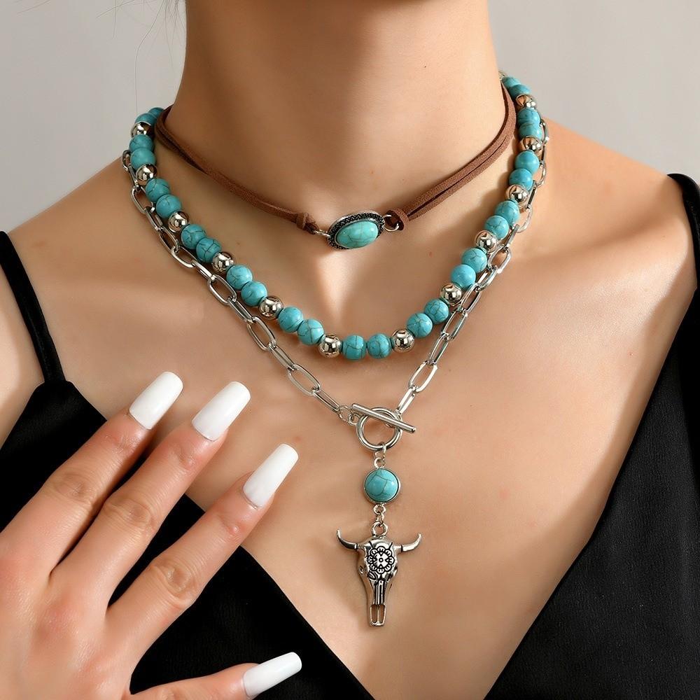 Western Beaded Layered Necklace Bohemian Clavicle Chain Turquoise Beads Pendant Necklaces Gifts