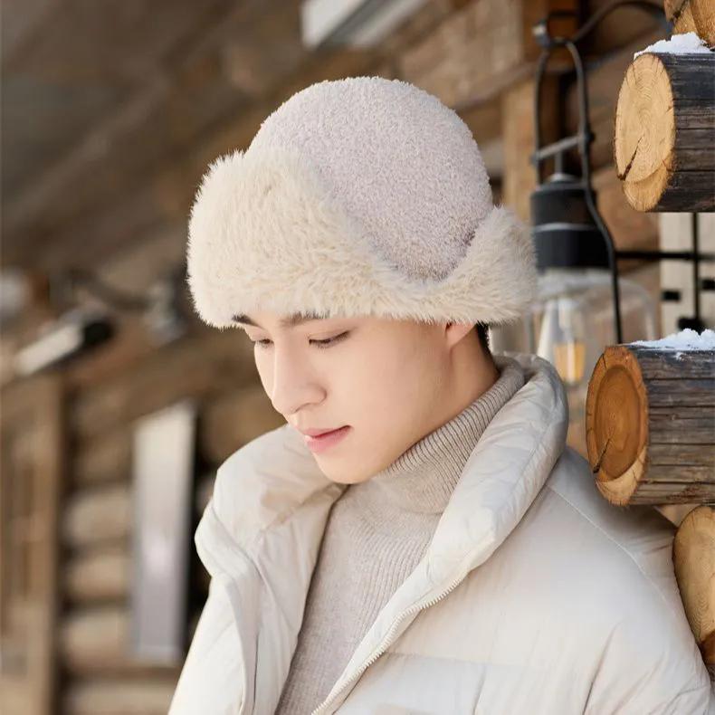 WTEMPO Men's Outdoor Faux Fur Solid Color Soft Plush Cycling Hats Autumn Winter Windproof Cold-proof Warm Bomber Hats