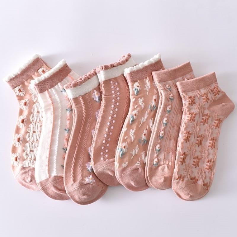 Female Spring Summer Thin Money All GO Up Flower Lace Lovely Pink Pastoral Socks