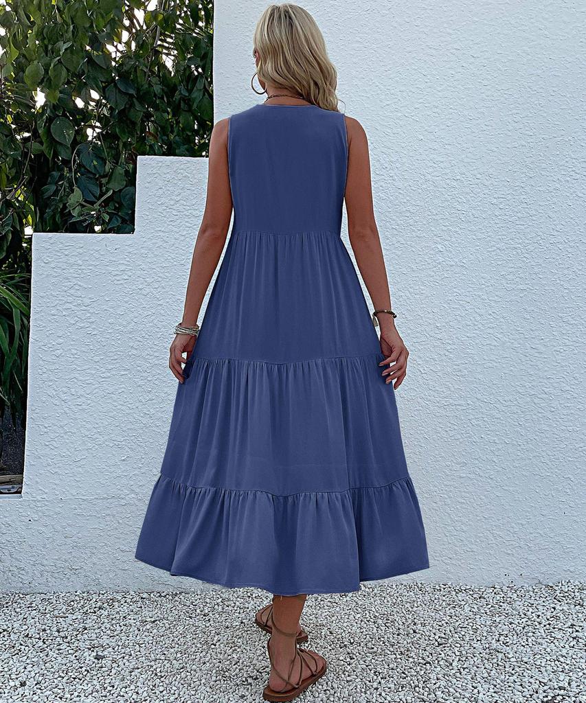 Letnia Damska Sukienka Casual Bez Rękawów Średniej Długości - Jednolity Kolor, Prosta i Elegancka