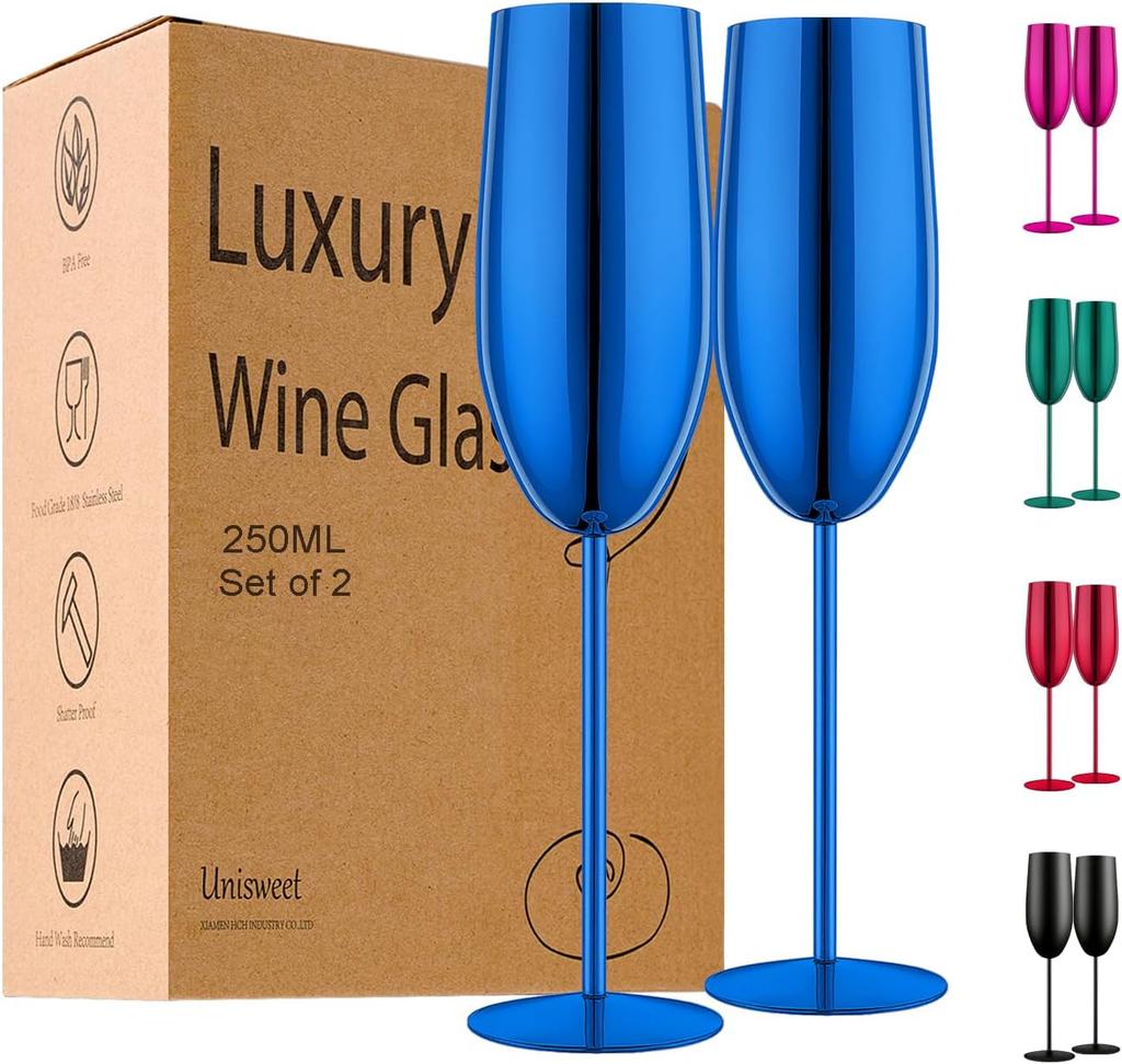 Stainless Steel Champagne Flutes Set of 2, Gold Unbreakable 8.5 oz for Wedding, Party, Christmas, Anniversary, Birthday Gifts