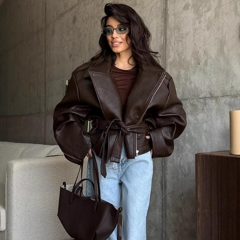 Womens Brown Faux Leather Jacket Turn-down Collar Short Belted Trendy INS Style