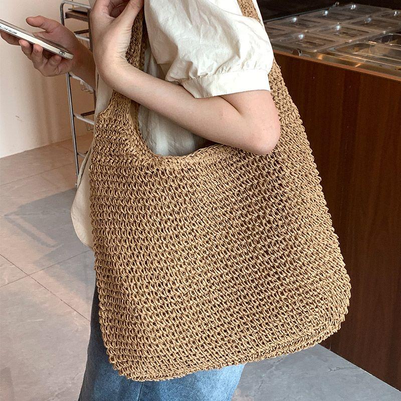 

Корейский стиль Большая вместимость Соломенная сумка Женская Летняя Пляжная Сумка на Плечо Почтальонка Повседневная Легче всего сочетать Плетеная сумка Khaki