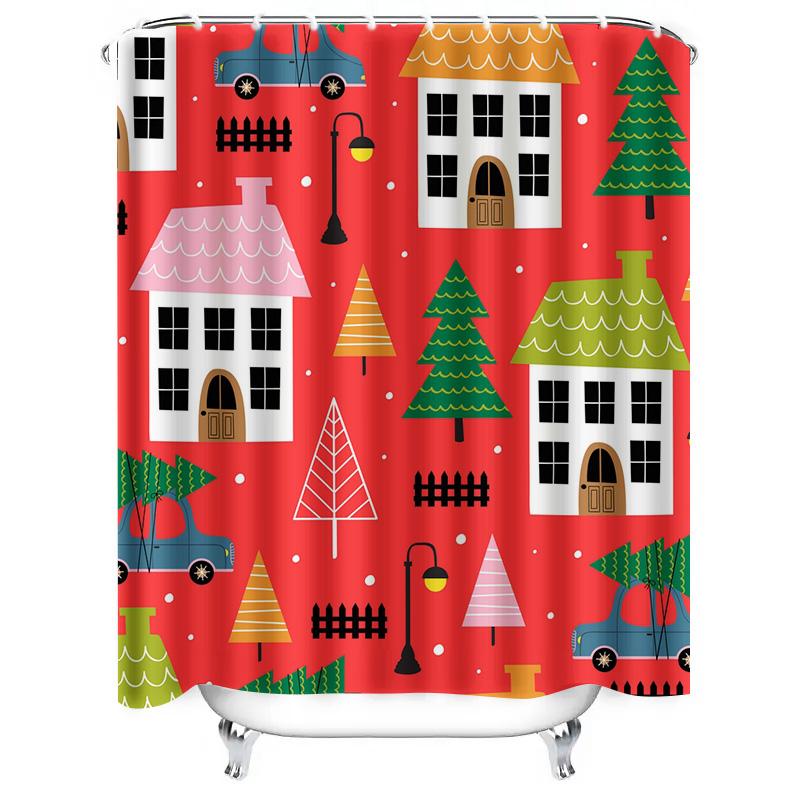 TU Charming Christmas Shower Curtain Festive Holiday Decor Waterproof Bathroom Fabric Xmas Pattern Backdrop