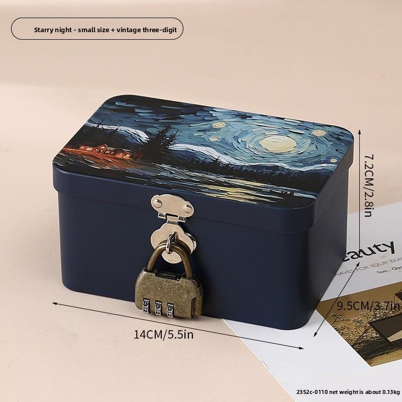 Retro Tinplate Box with Lock Key, Desktop Storage Box, Cosmetics, ID Storage, Household Jewelry Empty Box.