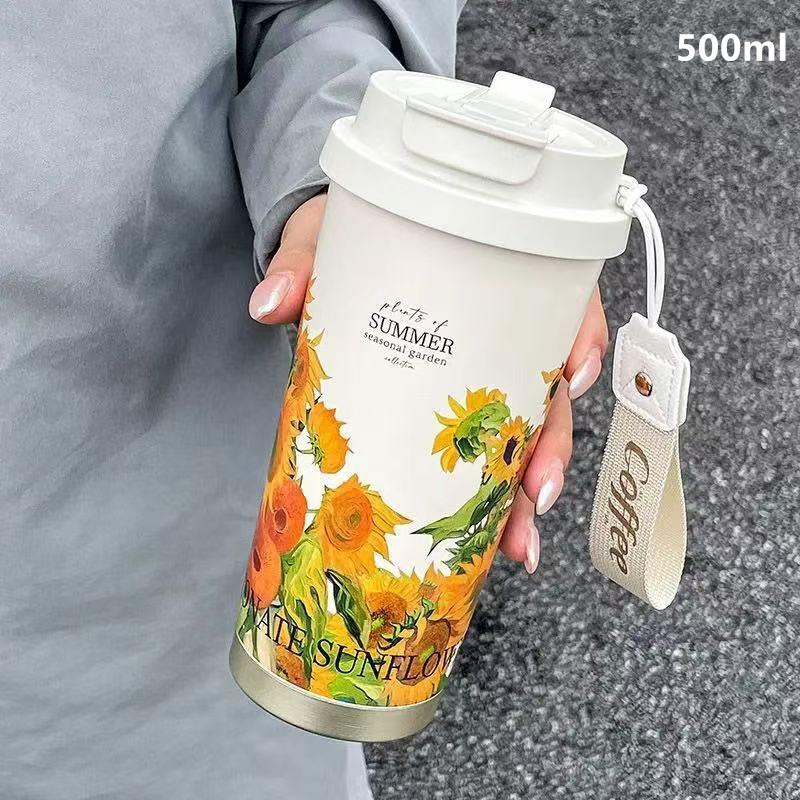 Stainless Steel Thermos Mug 5D Printing Flower Portable Dual-Drink Insulated Coffee Cup for Camping Gift Daily Use