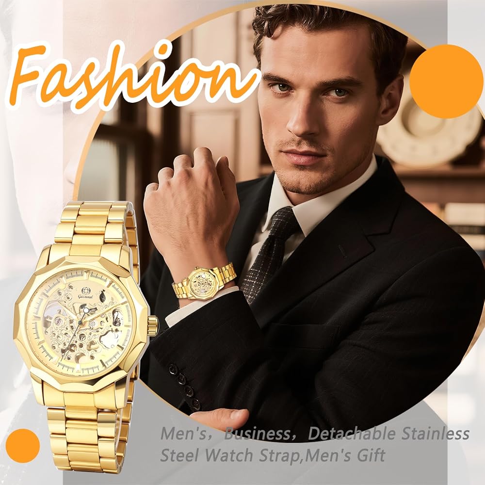 Men's Automatic Skeleton Watch Luminous Analog Display Waterproof Stainless Steel Band Silver Gold Black