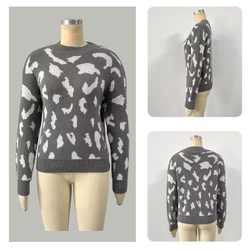 Women S Fashion Round Neck Long Sleeve Pullover Sweater Leopard Print