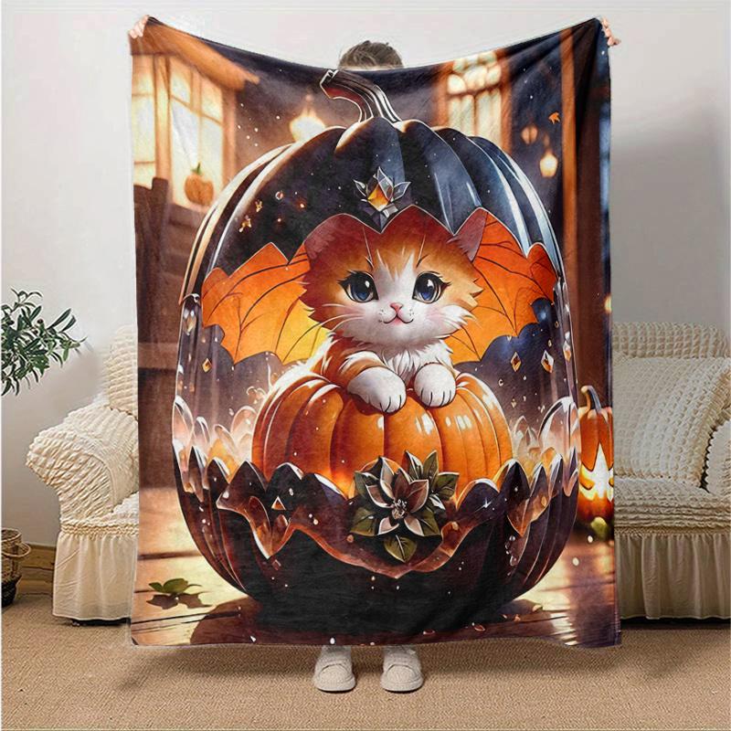 

1pc Orange Cat and Pumpkin Blanket Soft Throw for Home Decor, Gift Idea, Living Room, Travel, Camping, Car Blankets 80x120cm