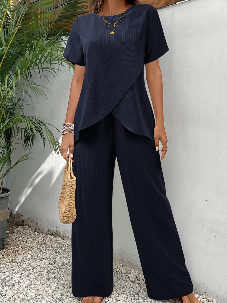 Cross-border 2026 European and American New Women's Clothing Fashion Casual Cross Large Size Irregular Summer Suit Wide-leg Pants Suit