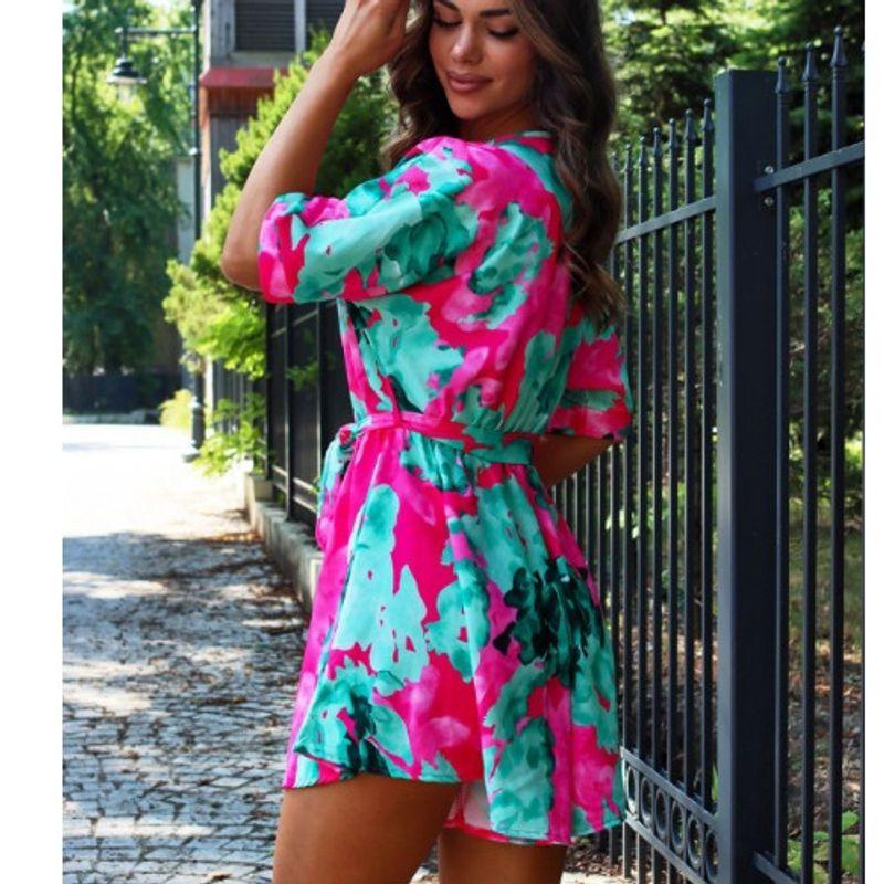 

Beachwear Fashion Summer Color of Leaves and Flowers V-neck Lace-up Loose Fashion Short Sleeve One-Piece Shorts Women Jumpsuit Green 2XL