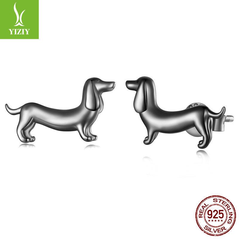 Popular Dachshund S925 Silver Stud Earrings, Cute And Lively Puppy Plain Silver Electroplated Stud Earrings.