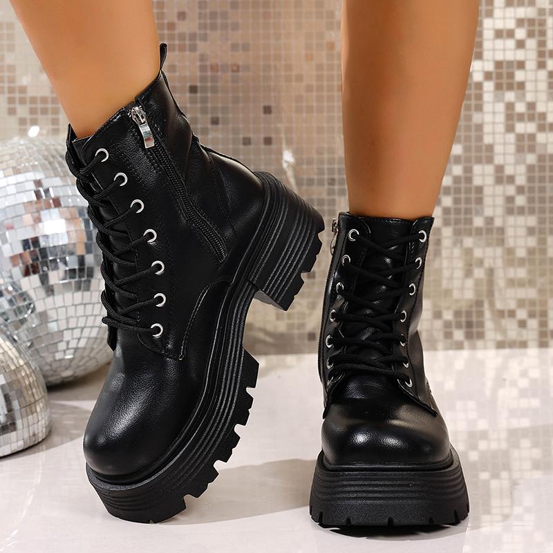 Fashion Chunky Platform Ankle Boots for Women Thick Sole Non Slip Black Combat Booties Woman Autumn Fashion PU Leather Botas Mujer 2025