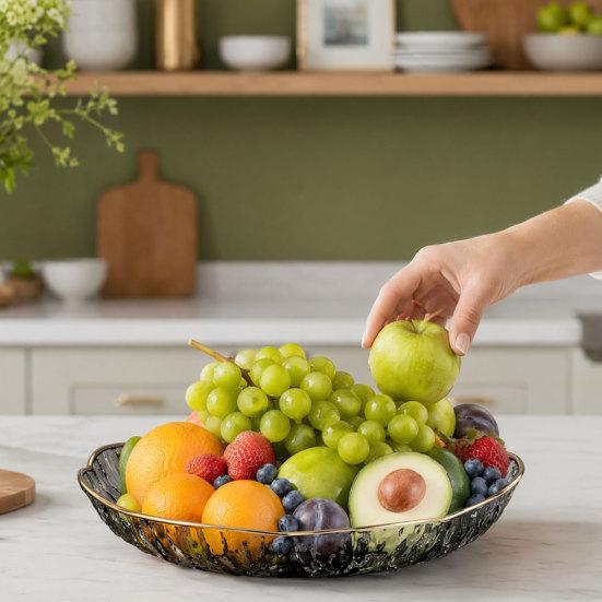 Plastic Fruit Bowl with Gold Trim, Clear Fruit Basket, Modern Decorative Serving Bowl for Kitchen Counter, Dining Room, Coffee Table