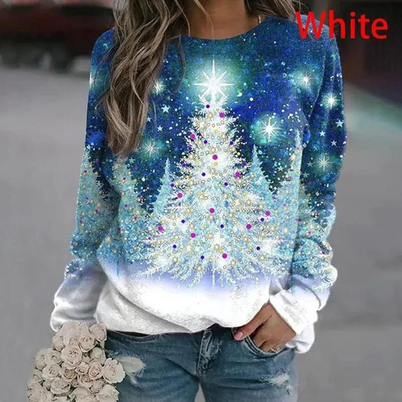 

Женские осенние топы, свободные красочные принты «Рождественская елка», повседневная футболка с длинным рукавом, верхняя блузка 8XL белый