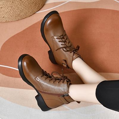 Martin Stiefel Damen Herbst und Winter runde Zehe eckige Schnalle bequem kurze Stiefel erste Schicht Rindsleder mittlerer Absatz Damen Lederstiefel