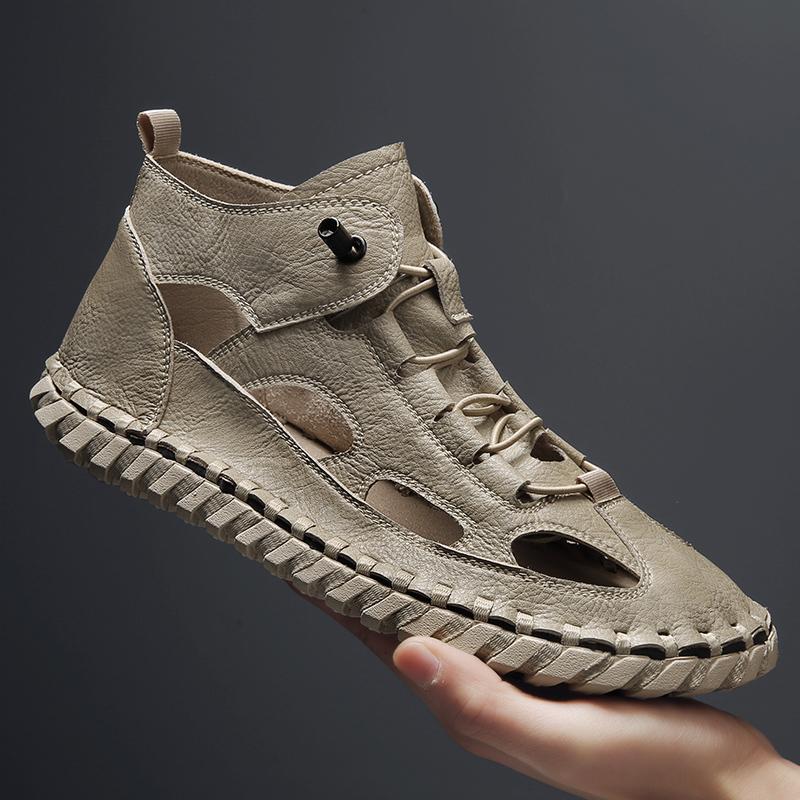 Fashion Leisure Anti-collision Toe Sandals Men High Top Leather Roman Sandals Fashion Men's Beach Flats Quick Dry Male Wading Aqua Shoes