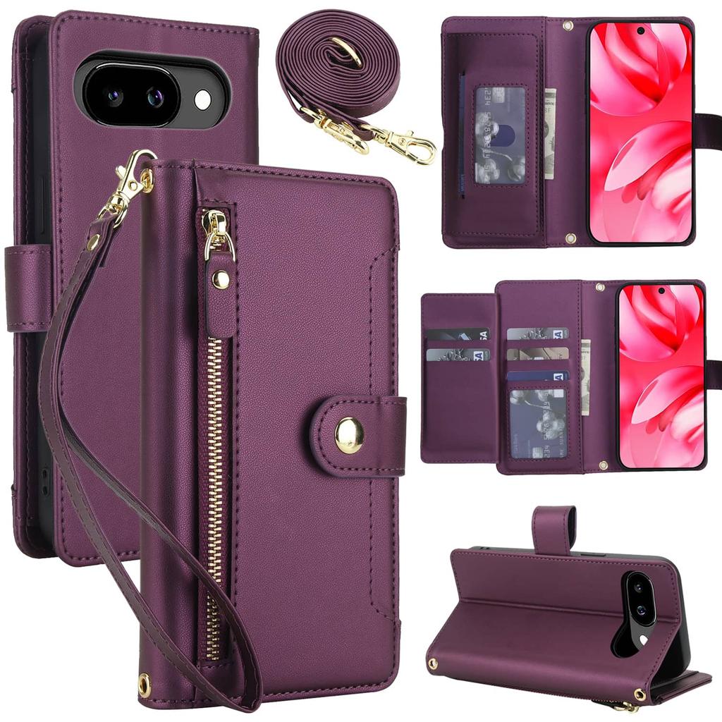 Custodia Portafoglio a Libro per Google Pixel 10 9 Pro XL 9 8 Pro 9A 8A Custodia con Tasca con Zip Slot Porta Carte Chiusura Magnetica Cordino
