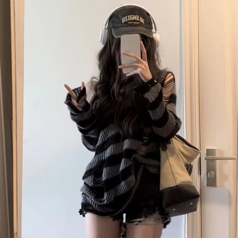 Gothic Streetwear Striped Knitted Sweater Women Harajuku Punk Hollow Out Jumper Hole Loose All-match Tops