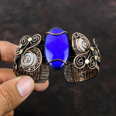 Lapis Lazuli Gemstone Bangle Copper Wire Wrapped Rainbow Moonstone Cuff Bracelet Adjustable Bangle Handmade Copper Wire Jewelry Wedding Gift