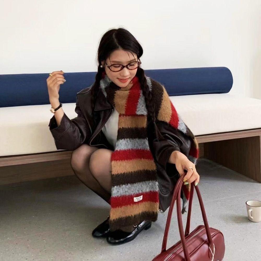 Plush Plaid Wool Scarf Preppy Style Winter Cashmere Scarves Elegant Stripe Scarf  Student