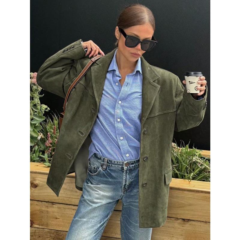 Jesień Zima Vintage Wykładany Kołnierz Zamszowa Tkanina Blezery Kobiety Luźny Casual Jednolity Kolor Pasujący do Wszystkiego Top Garniturowy