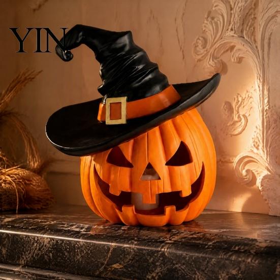 Haunted House Requisiten Halloween Kürbis Ornament mit Hexenhut, Harz Jack O Lantern Dekorative Lampe, Atmosphärische Raumaccessoires Gruseliges Gesicht Figur
