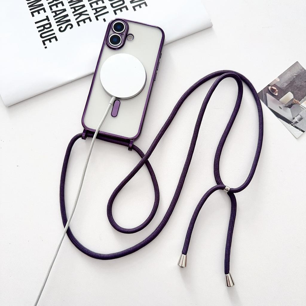 For iPhone 17 Case Compatible with MagSafe Electroplating TPU Phone Cover with Long Lanyard