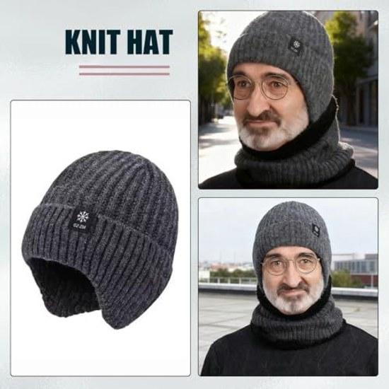 Mens Hat Ear Flaps Winter Warmth Autumn Knit Cap Stretchable Fluffy Fleece-lined Thermal Windproof Warm Simple Commuting Cycling Skiing Climbing Gift