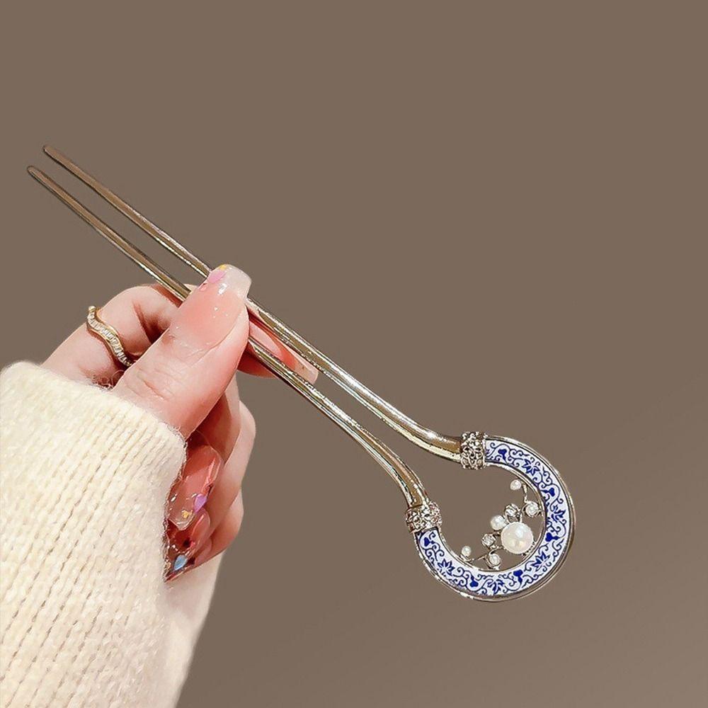 Cute Pearl Metal U Shape Hair Stick U-shaped Hollow Hanfu Hairpin Hair Accessories Hair Chopstick For Girl