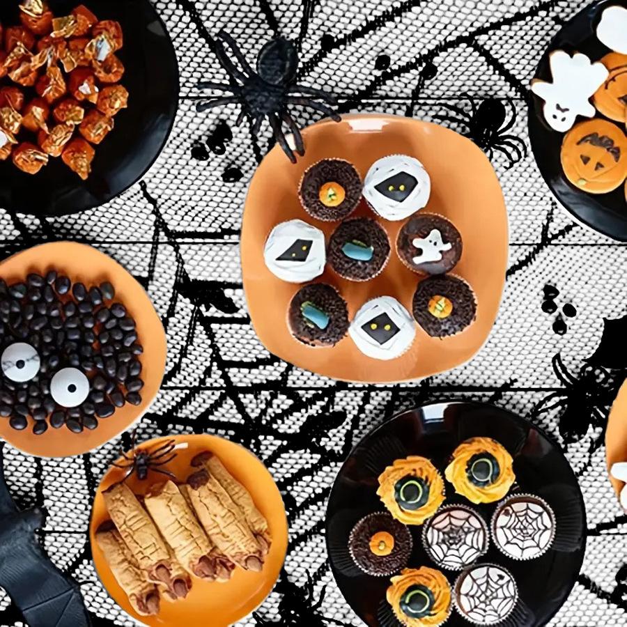 Halloween Lace Tablecloth Bat Net Skull Pattern Rectangular Shape For Party Decoration Haunted House Pumpkin Design