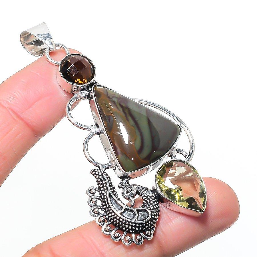 Natural Polychrome Jasper, Topaz 925 Sterling Silver Jewelry Pendant 2.88 AP-14494