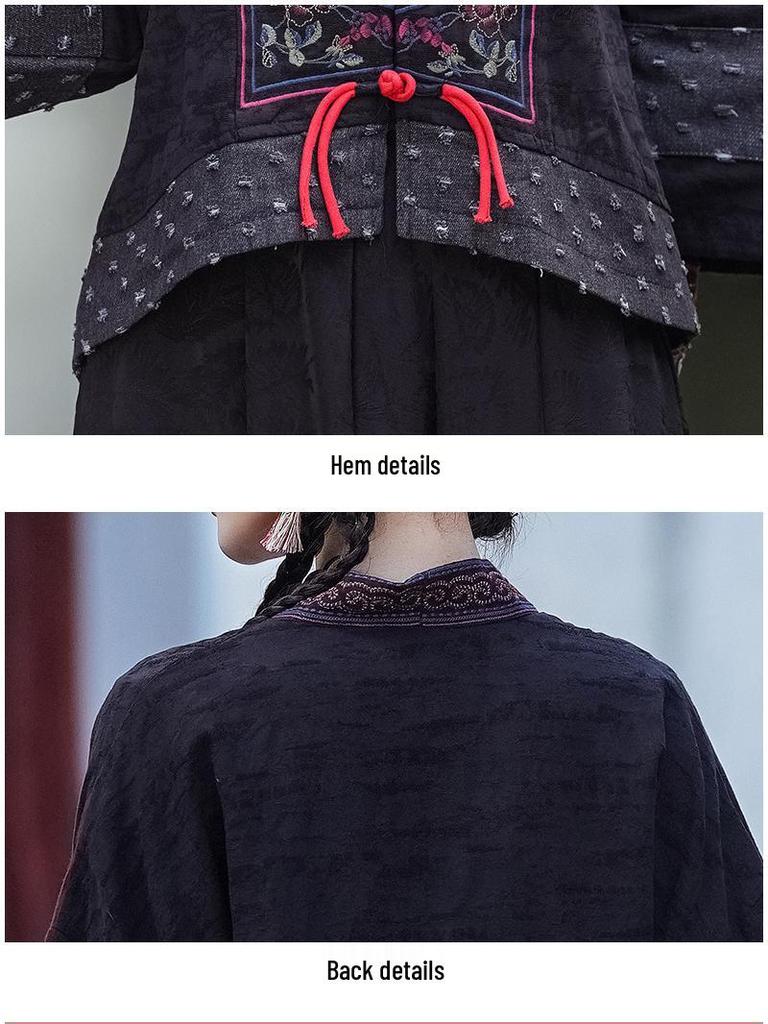 2024 Autumn Women's Ethnic Style Embroidered V-Neck Color Block Short Jacket