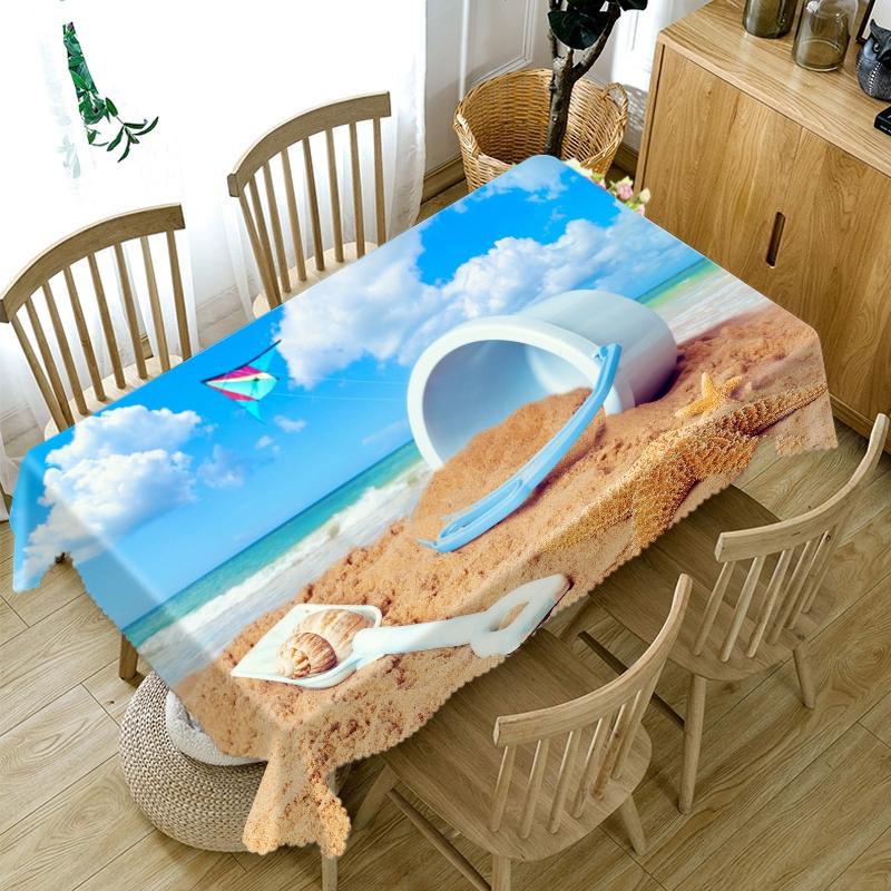 Starfish Seascape Pattern Sunny Beach Tablecloth Thicken Cotton Rectangular Round Table Cloth For Wedding Picnic Party
