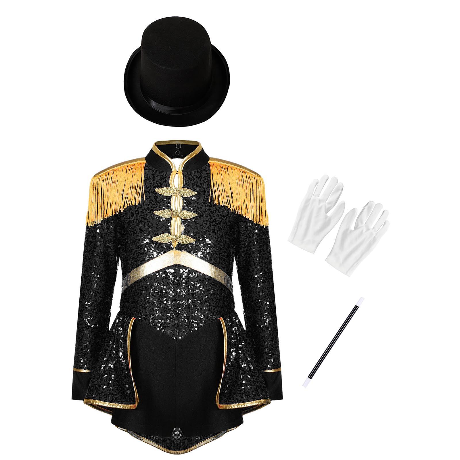 

Girls 4 Piece Magician Costume Set Sequined Bodysuit Top Hat Gloves Magic Wand Circus Dress Up Kit 5-6 Years чорний