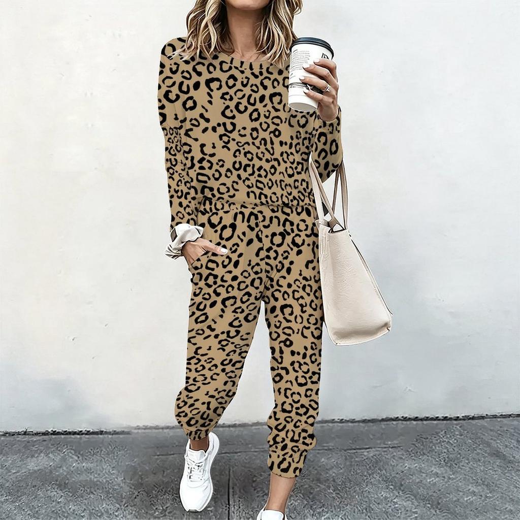 Women Long Sleeve Crew Neck Blouse And High Waist Straight Leg Pants Two Piece Everyday Casual Wear