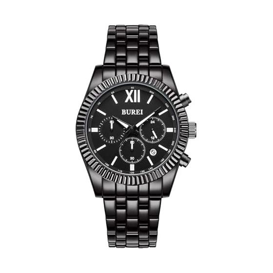 [BUREI] Men s Analog Quartz Chronograph Watch Business Stylish Multifunctional 3 ATM Waterproof Date Stainless Steel Arm Clock Men s Gift Present