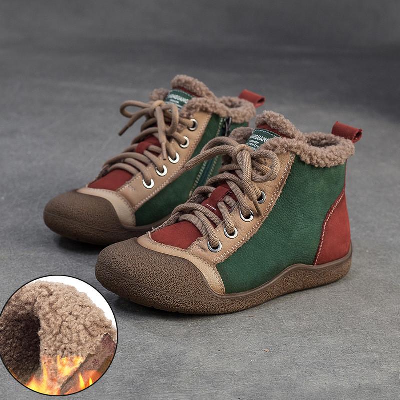 Johnature Mixed Color Genuine Leather Lightweight Comfortable Ankle Boots Retro Versatile Warm Women's Shoes